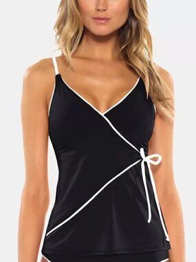 Becca on the Edge Faux-Wrap Tankini Top Black & White Swim Beach Size S NWT